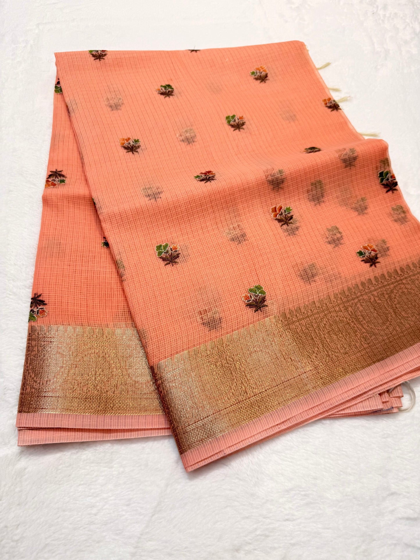 Peach shade cotton kota embroidery Banarasi saree