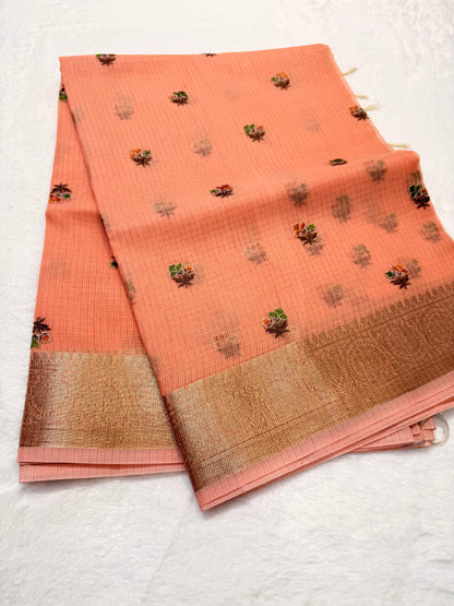 Peach shade cotton kota embroidery Banarasi saree