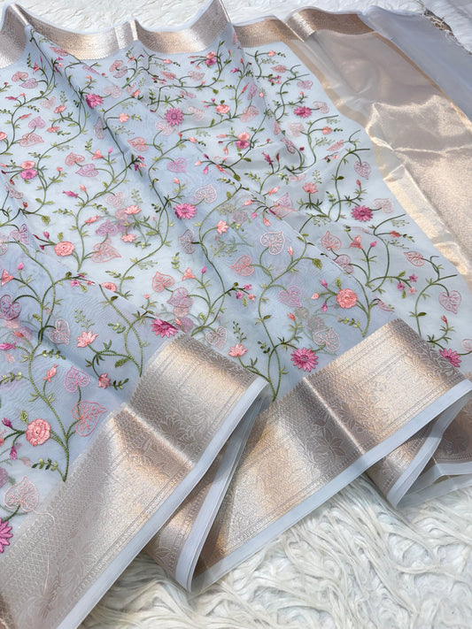 Grey  shade organza embroidery Banarasi saree