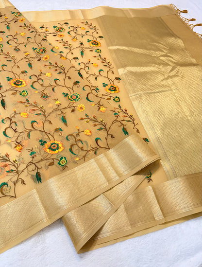 Beige shade organza designer premium embroidery Banarasi saree