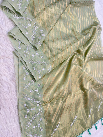 Pista green shade tissue kota zardosi work premium Banarasi saree