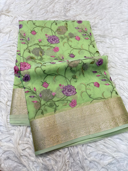 Pista green shade organza embroidery Banarasi saree