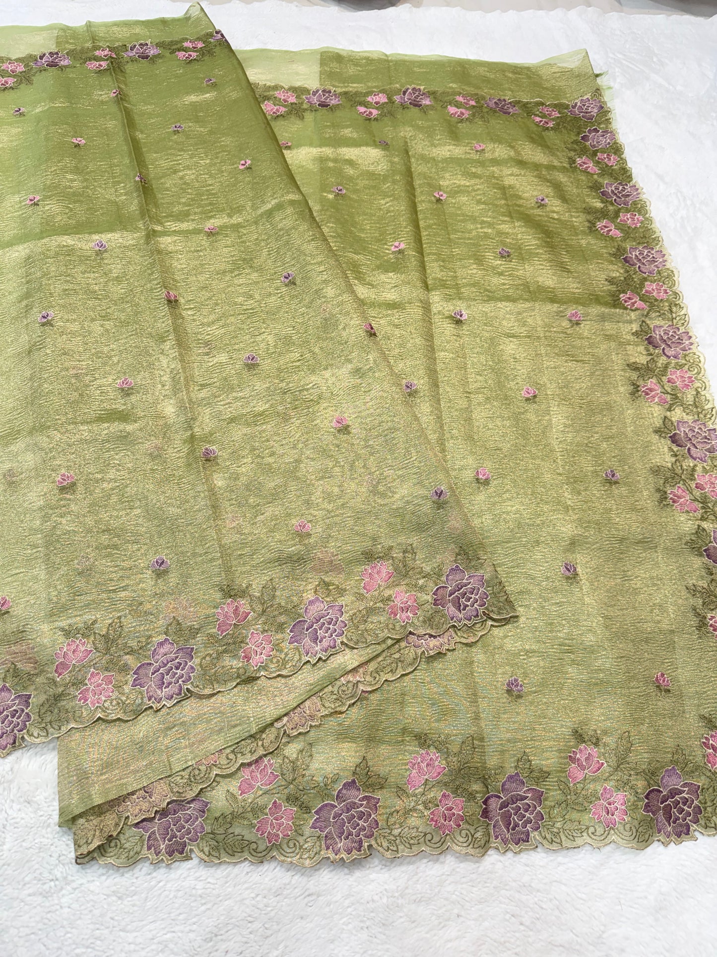 Pista green shade tissue crush cutwork embroidery premium designer Banarasi saree