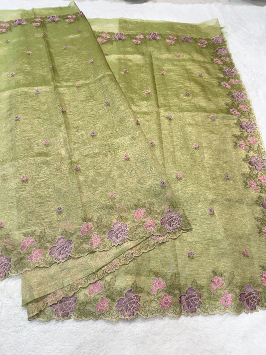 Pista green shade tissue crush cutwork embroidery premium designer Banarasi saree