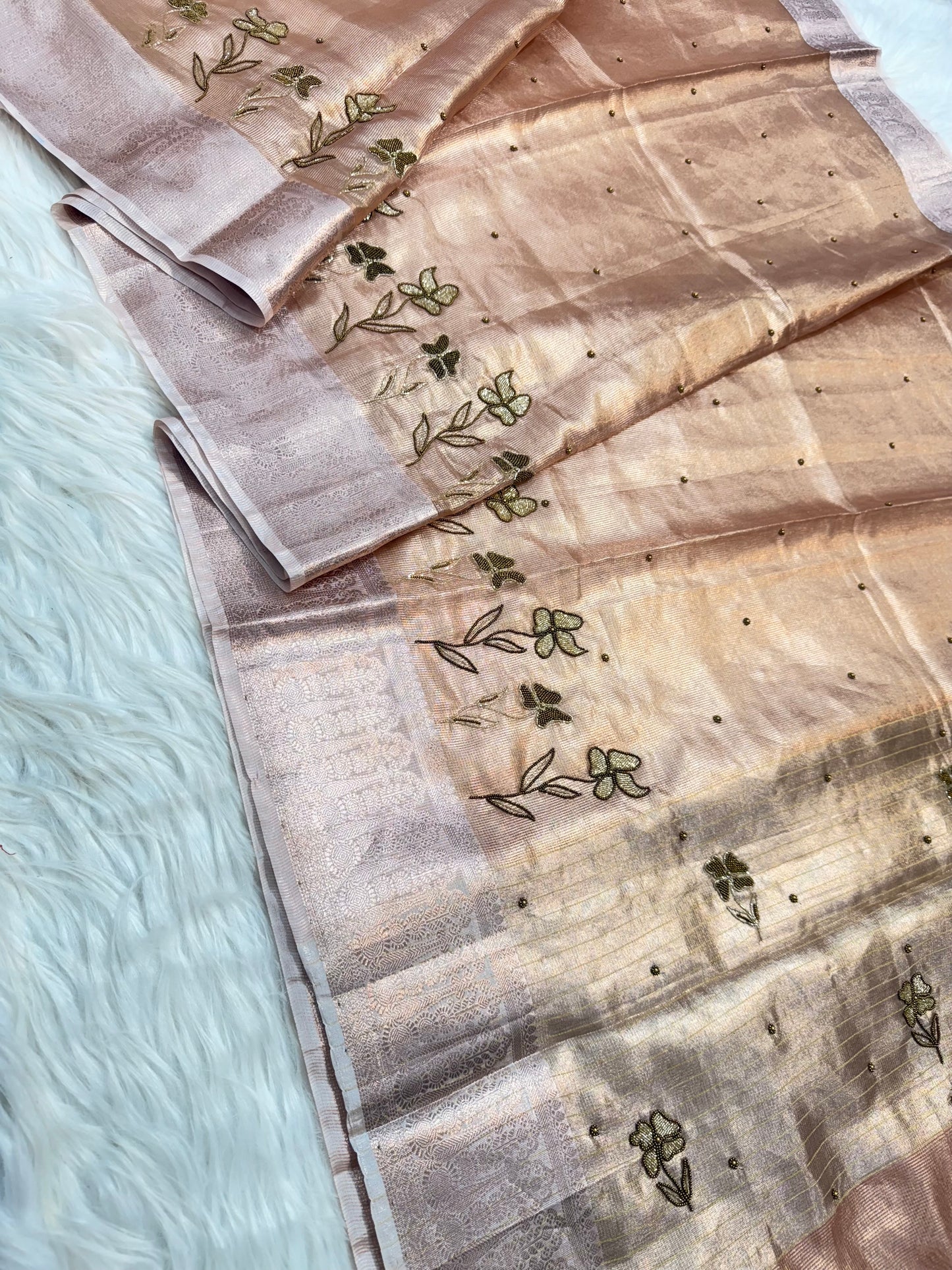Peach shade tissue kota designer handwork premium Banarasi saree