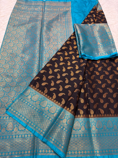 Black & powder blue shade Dupion Silk Banarasi Saree 