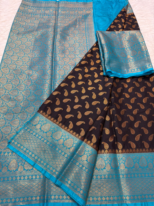 Black & powder blue shade Dupion Silk Banarasi Saree 