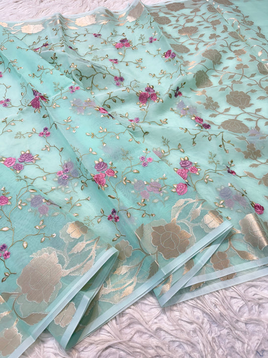 Turquoise shade kora organza  embroidery Banarasi saree
