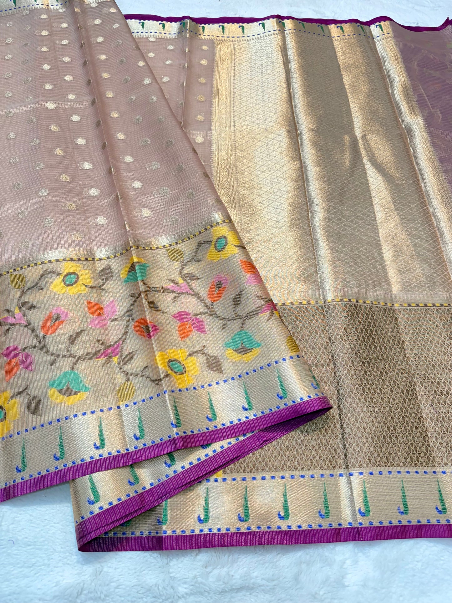 Peach & multicolour shade tissue kota premium paithani border designer banarasi saree