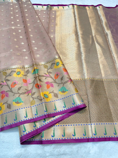 Peach & multicolour shade tissue kota premium paithani border designer banarasi saree