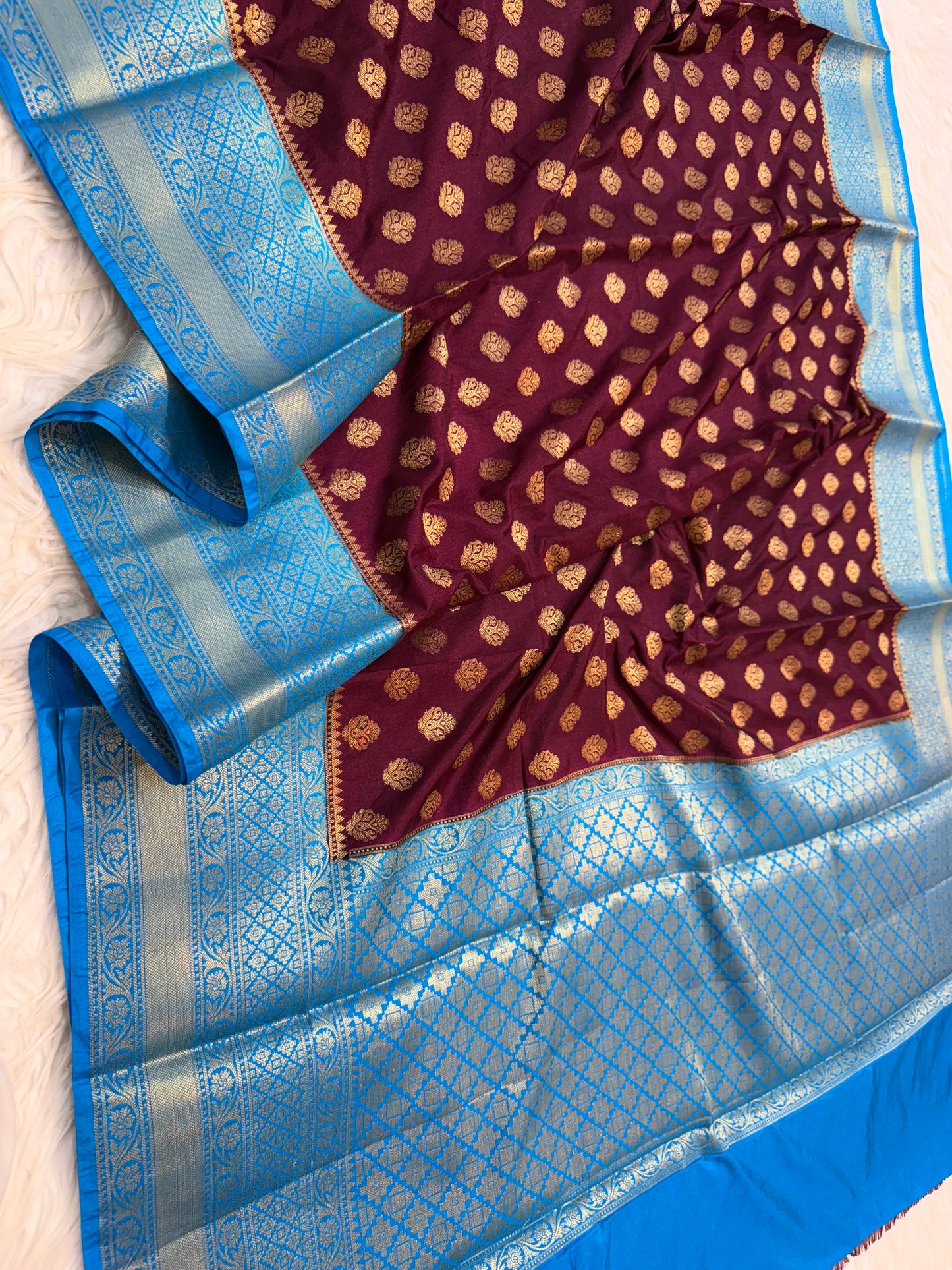 Maroon & powder blue shade Dupion Silk Banarasi Saree 