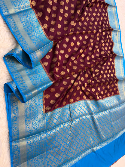 Maroon & powder blue shade Dupion Silk Banarasi Saree 