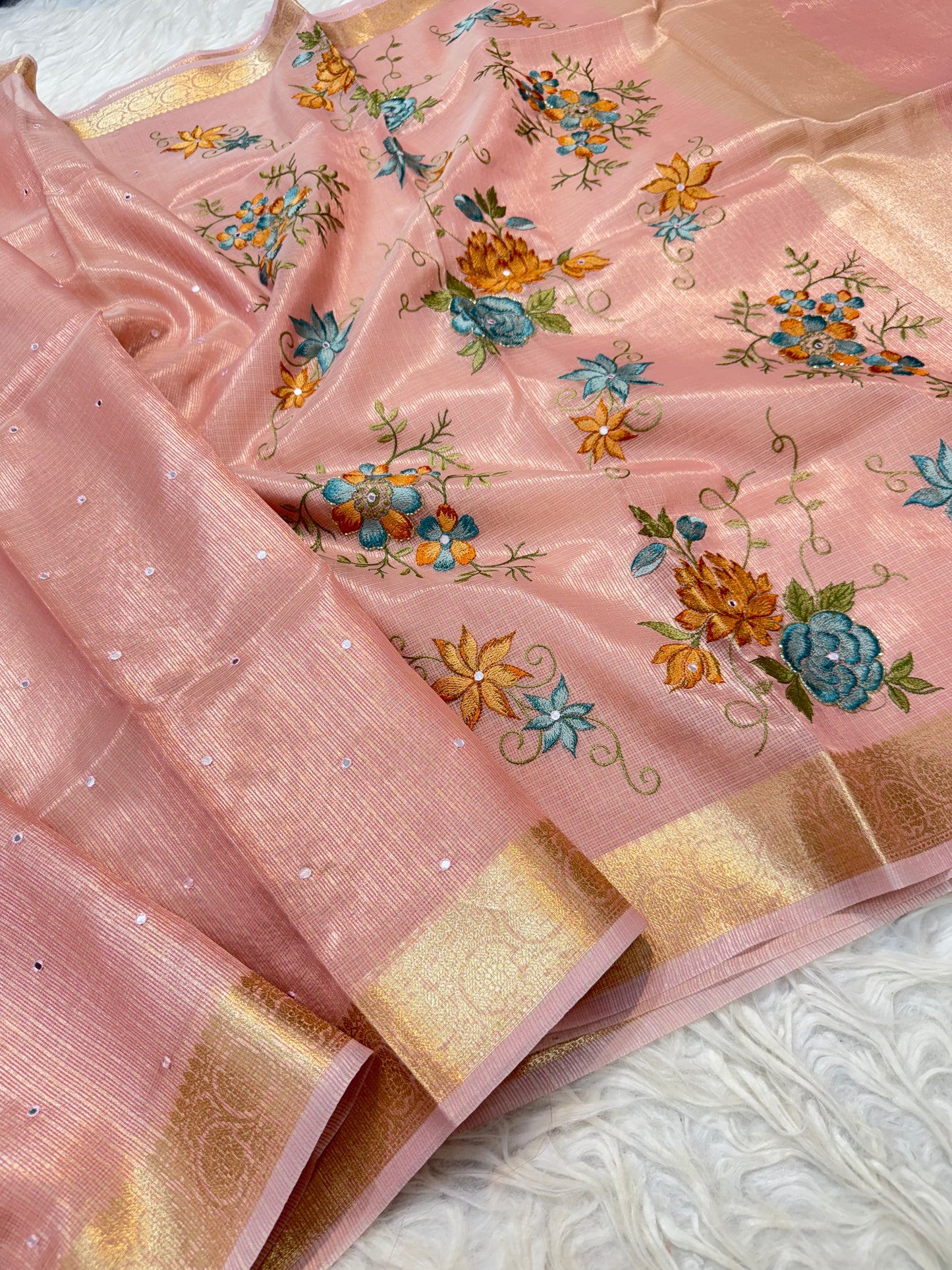 Pink shade tissue kota embroidery mirror work premium Banarasi saree