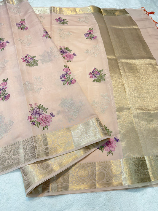 Peach shade soft silk designer  premium embroidery Banarasi saree