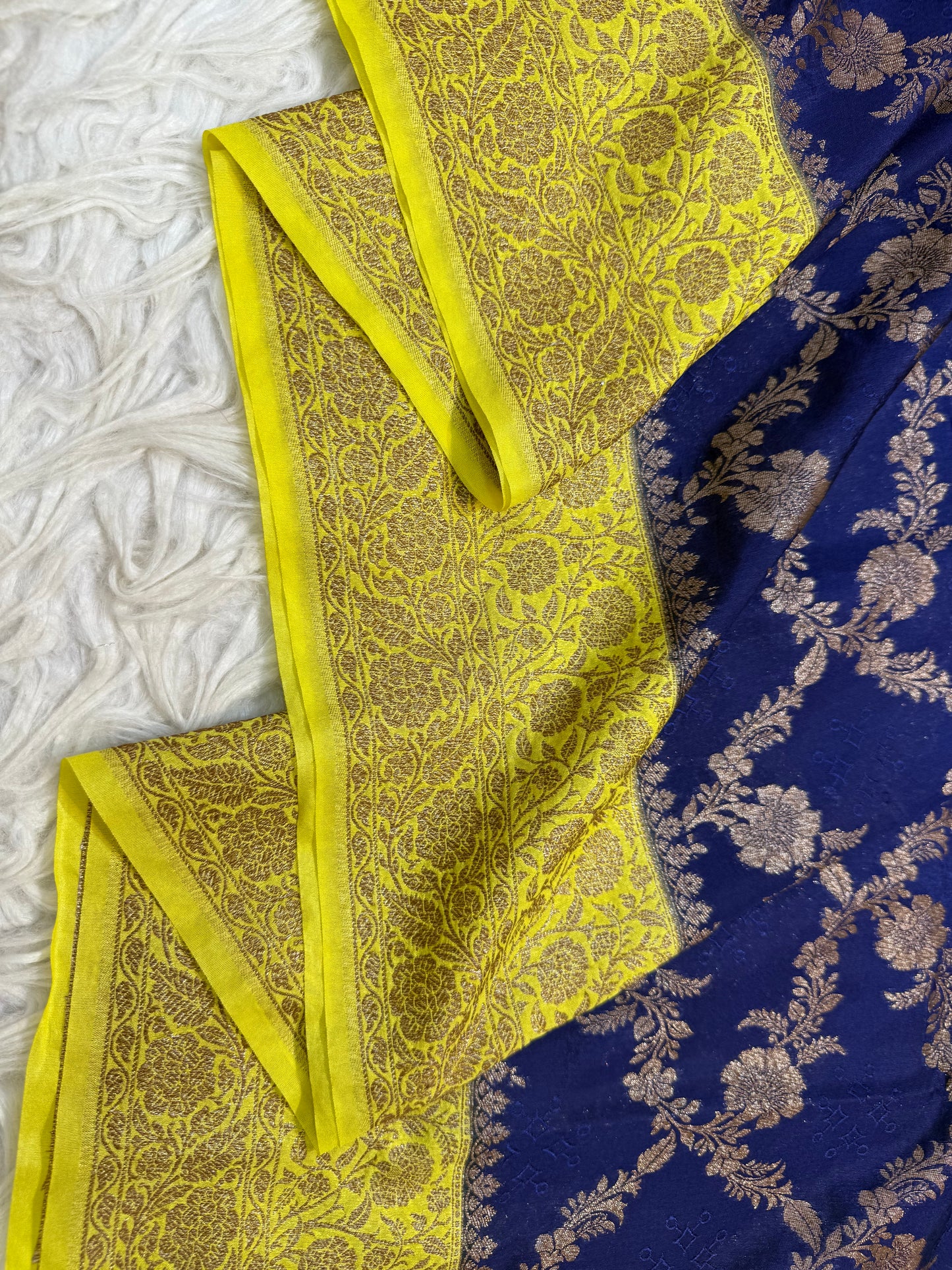 Nevy yellow shade Dupion Silk premium Banarasi Saree