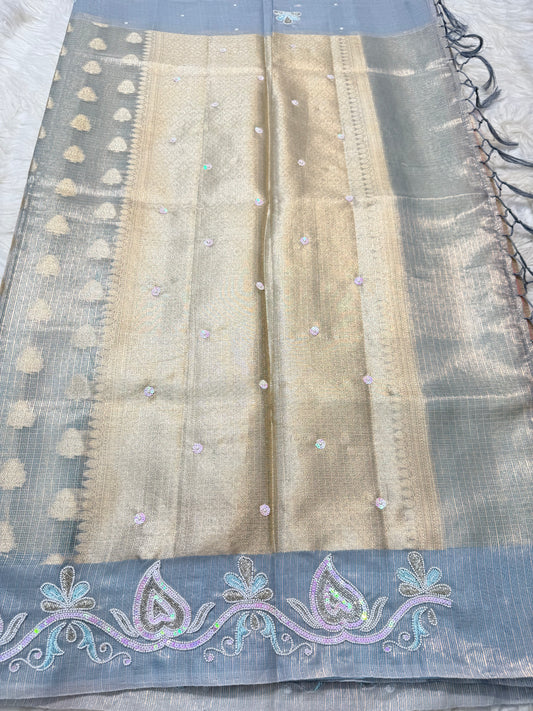 Grey shade tissue kota zardosi work Banarasi saree