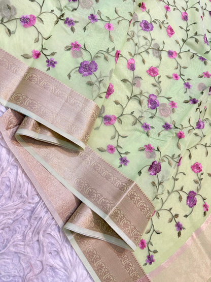 Pista green shade organza embroidery Banarasi saree