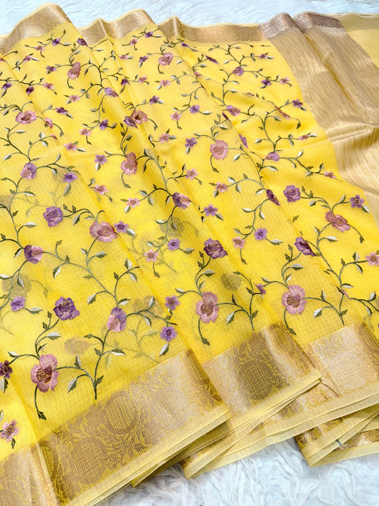 Yellow shade cotton kota embroidery Banarasi saree