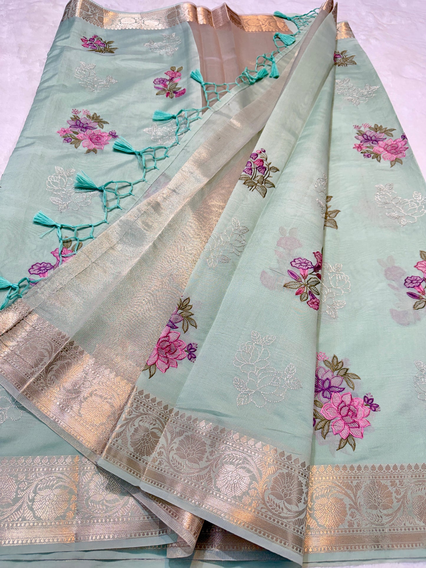 Sea green shade soft silk designer  premium embroidery Banarasi saree