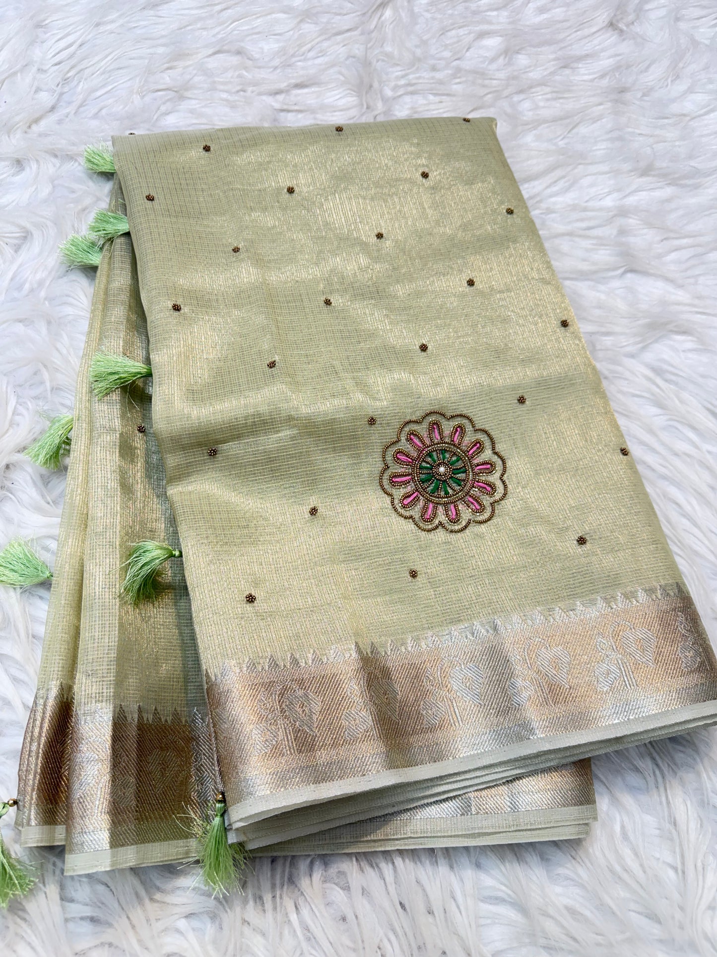 Pista green shade tissue kota designer handwork premium Banarasi saree