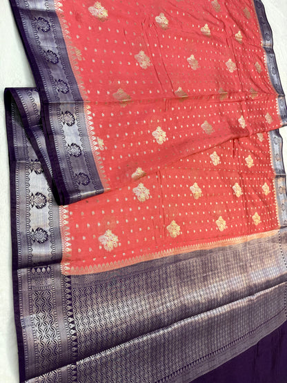 Strowberry & magenta shade raw mango Banarasi premium Banarasi saree