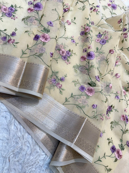 Beige shade organza embroidery Banarasi saree