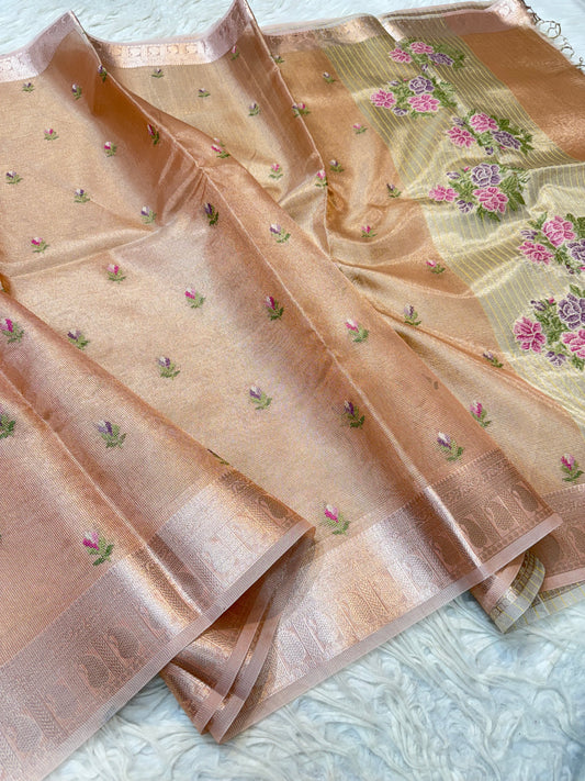 Pink shade tissue kota embroidery primum Banarasi saree