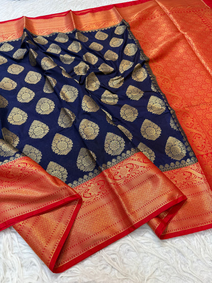 Navy & red shade Dupion Silk Banarasi Saree 