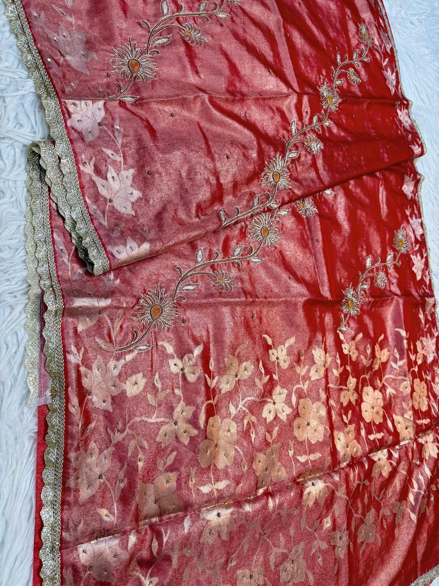 Red shade tissue ari & zardosi work designer premium Banarasi saree