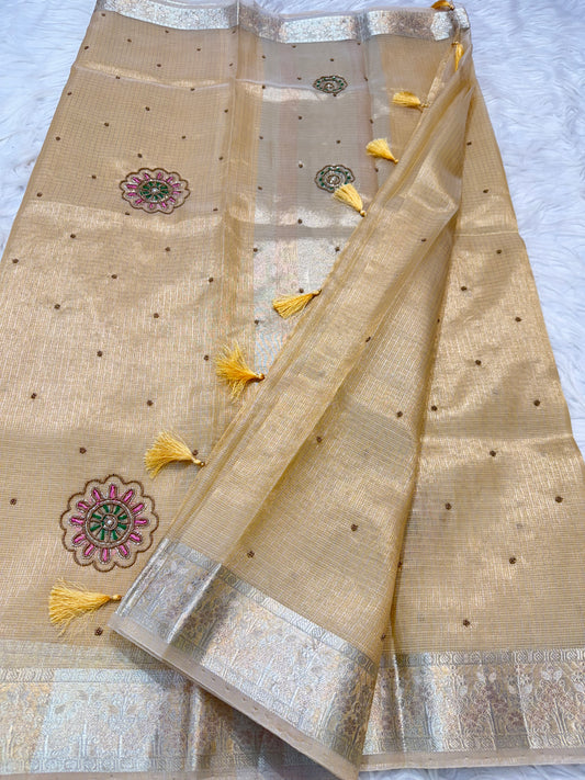 Gold shade tissue kota designer handwork premium Banarasi saree