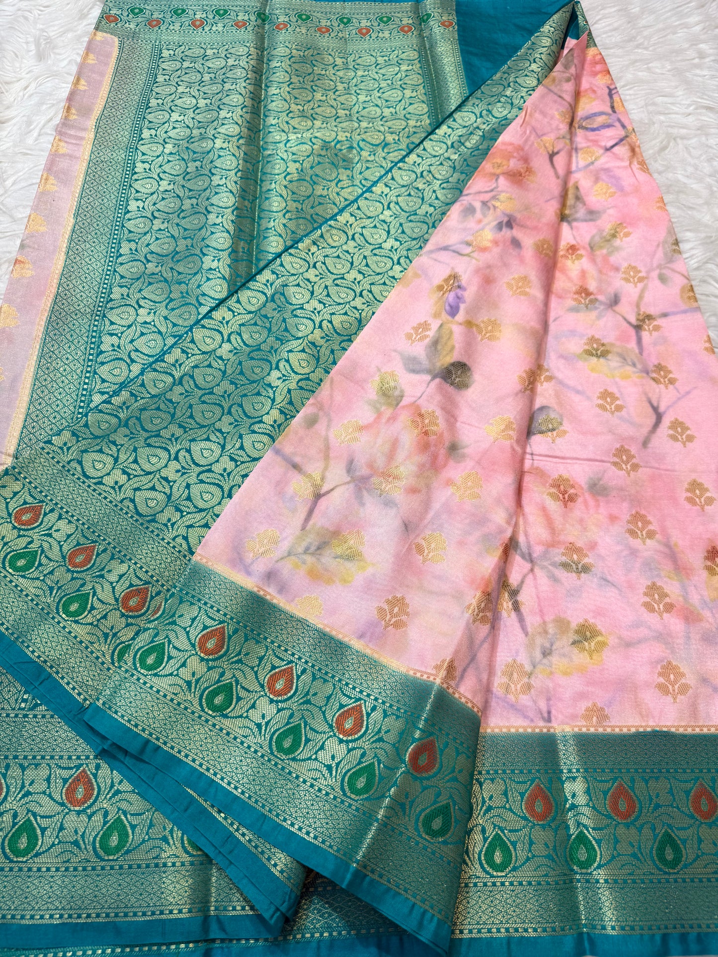 Peach & multicolour Dupion silk digital print Banarasi saree