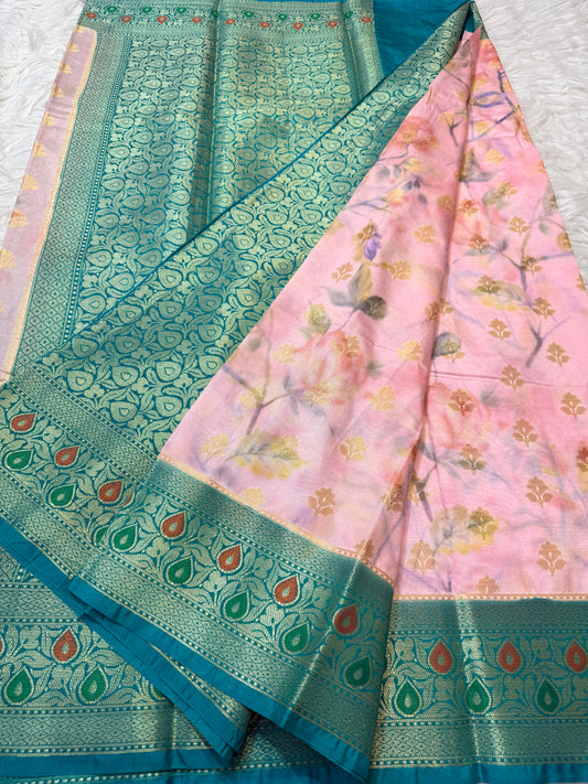 Peach & multicolour Dupion silk digital print Banarasi saree