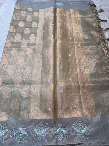 Sea green shade tissue kota zardosi work Banarasi saree