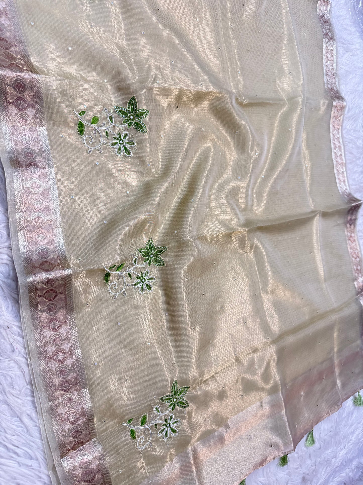 Pista green shade tissue kota designer handwork premium Banarasi saree