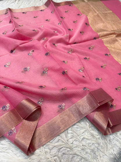 Pink shade cotton kota embroidery Banarasi saree