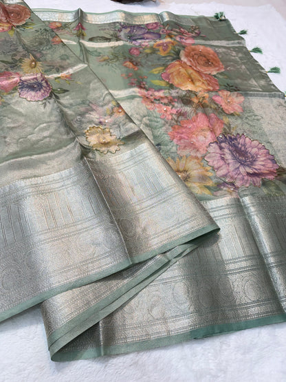 multicolour tissue silk digital print handwork premium Banarasi saree