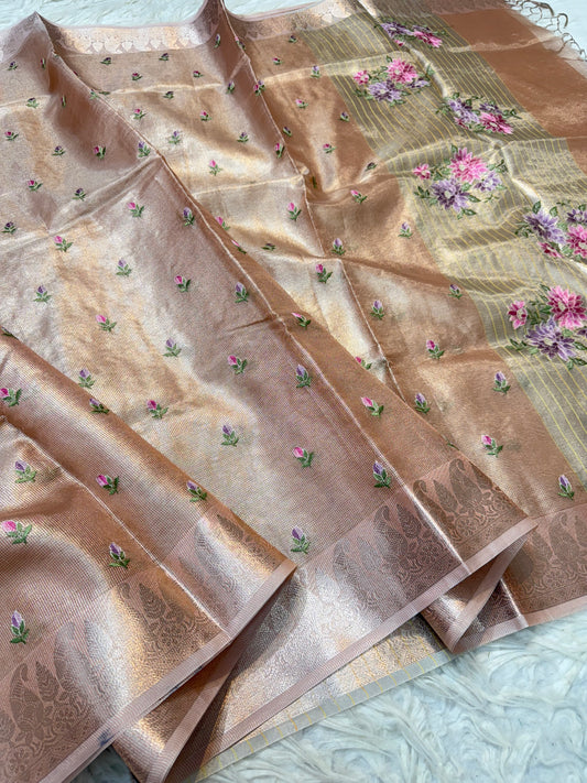 Pink shade tissue kota embroidery primum Banarasi saree