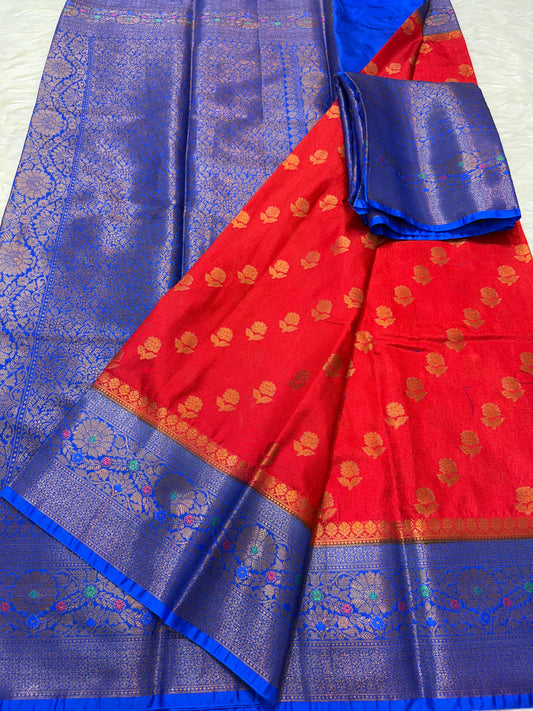 Red royal blue shade Dupion Silk premium Banarasi Saree