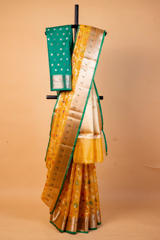 Gold Green Tissue Kota Pathni Border Premium Banarasi Saree