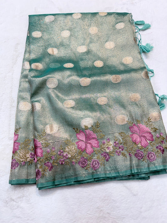 Sea green  tissue cutwork embroidery premium designer Banarasi saree