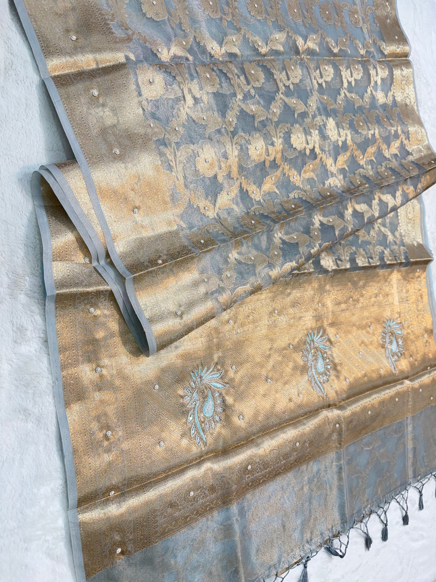 Light slate blue tissue kota designer handwork premium Banarasi saree