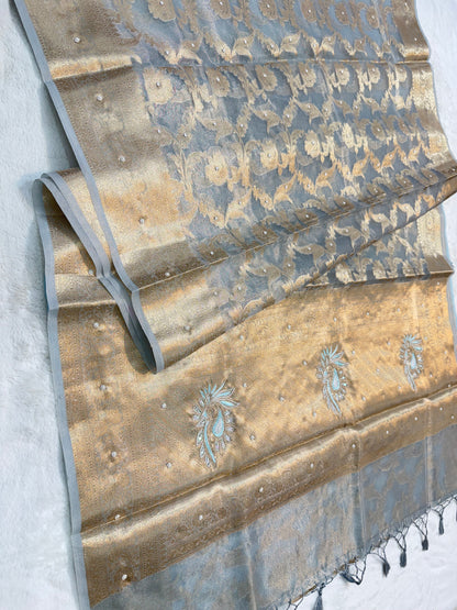 Light slate blue tissue kota designer handwork premium Banarasi saree