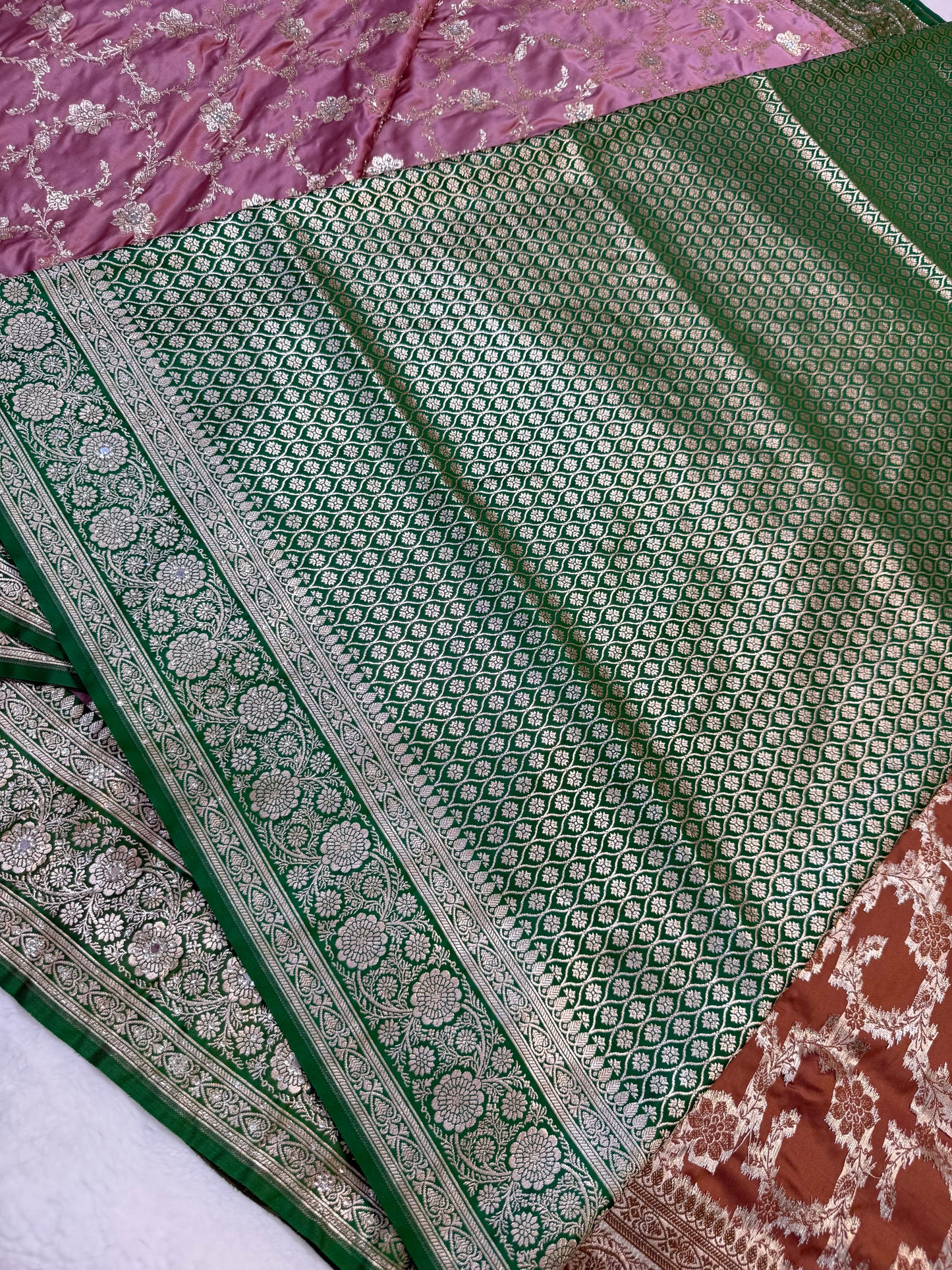 Rose gold shade Bridal Satan katan ari & stone work Banarasi silk Saree