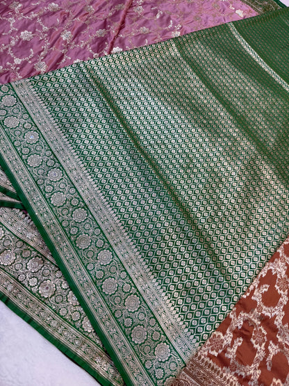 Rose gold shade Bridal Satan katan ari & stone work Banarasi silk Saree