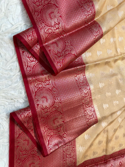 Beige red warm silk premium Banarasi saree