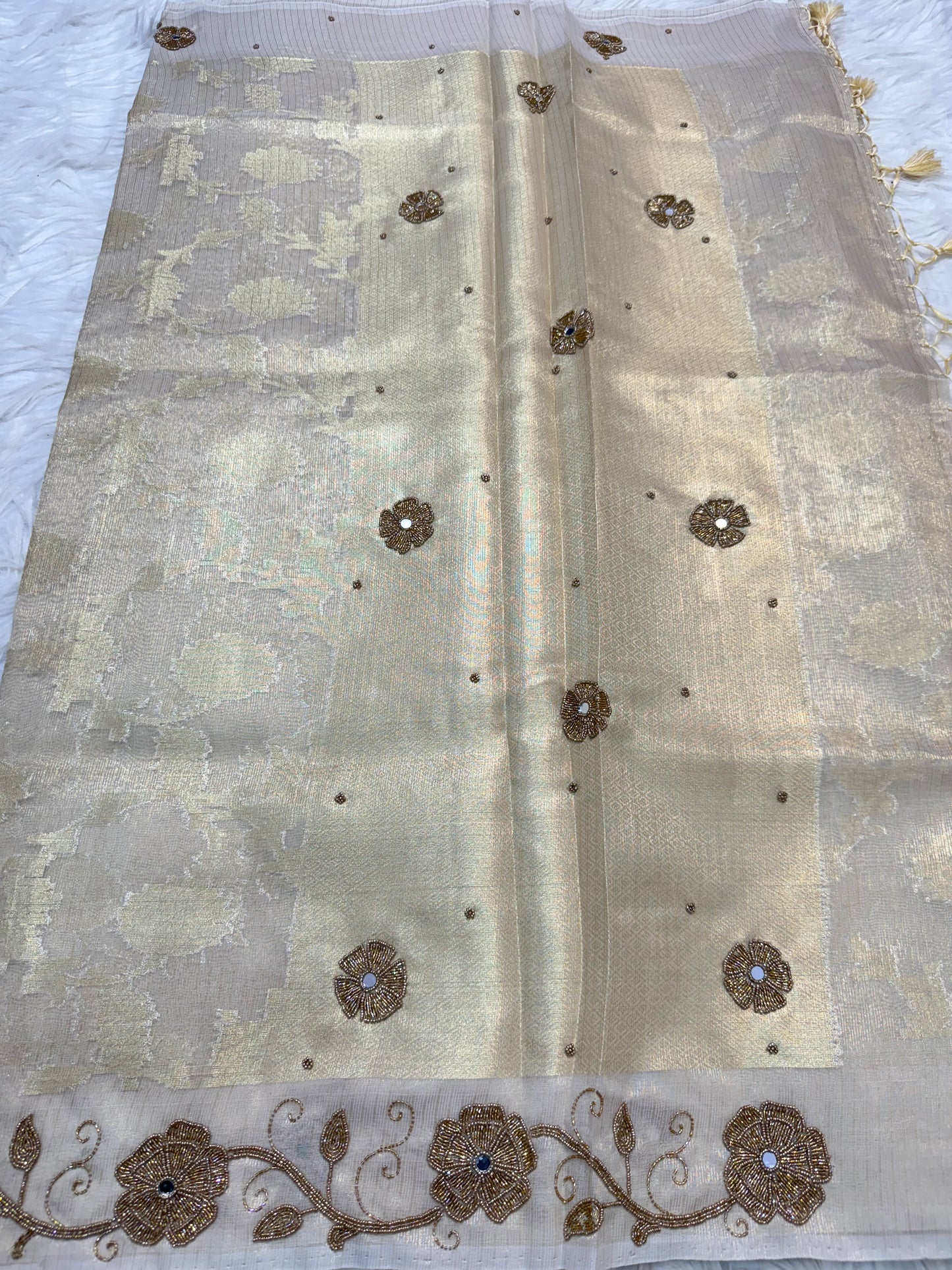 Off white  shade tissue kota designer handwork premium Banarasi saree