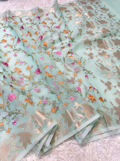 Turquoise shade kora organza embroidery banarasi saree