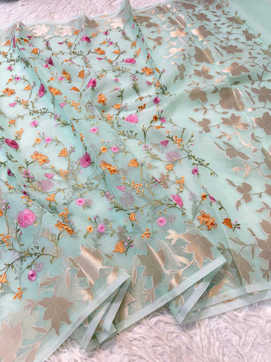 Turquoise shade kora organza embroidery banarasi saree