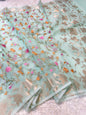 Turquoise shade kora organza embroidery banarasi saree