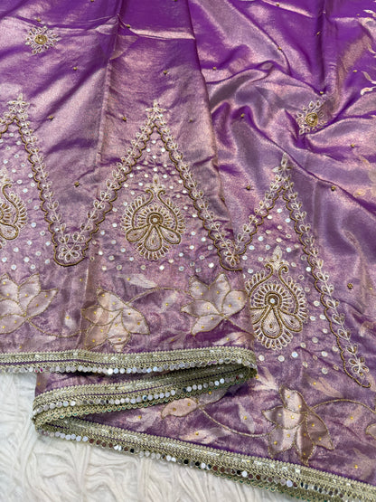 Purple shade tissue ari & zardosi work designer premium Banarasi saree